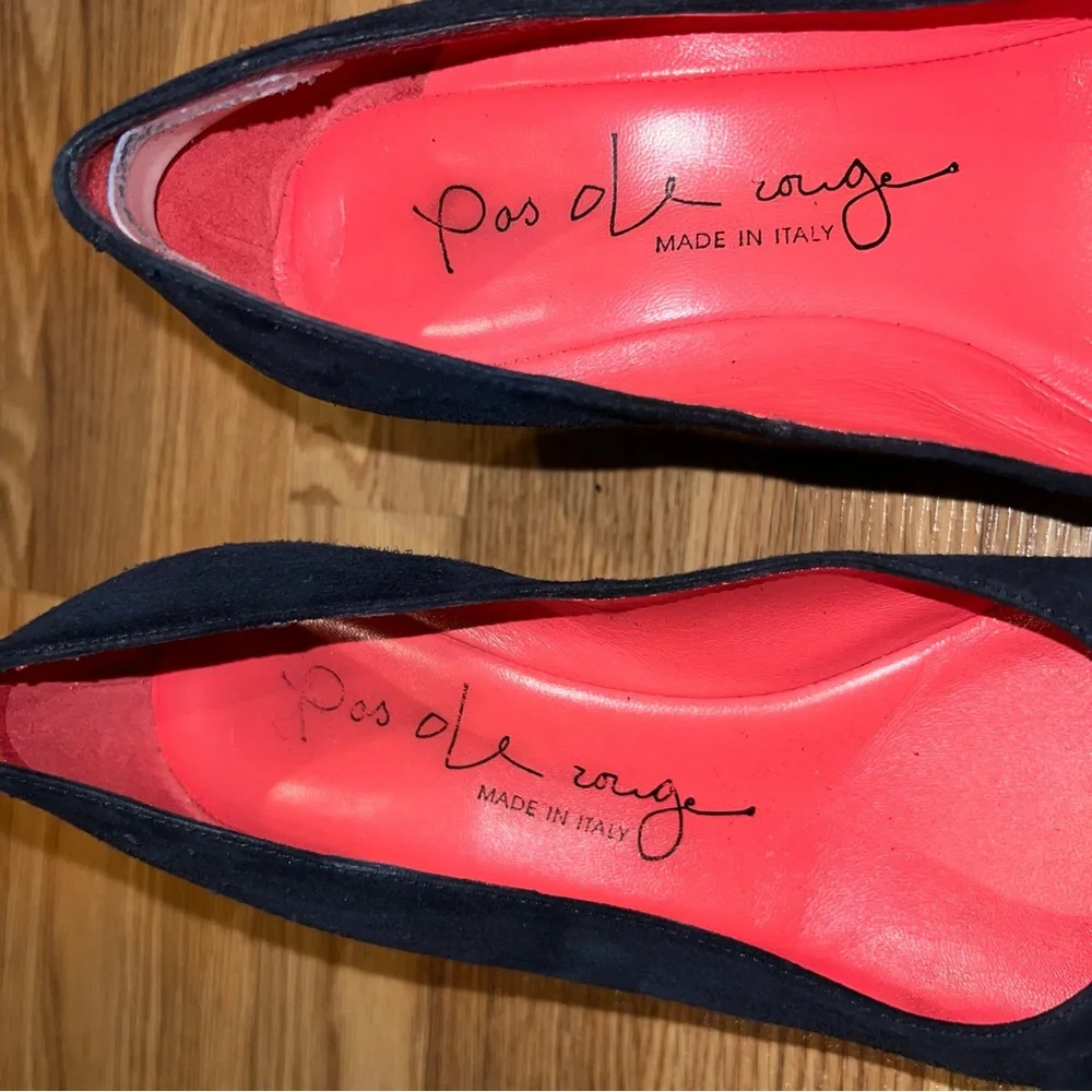Pas‎ de Rouge Blue Suede 2.5” wedge Heels with rosette bows